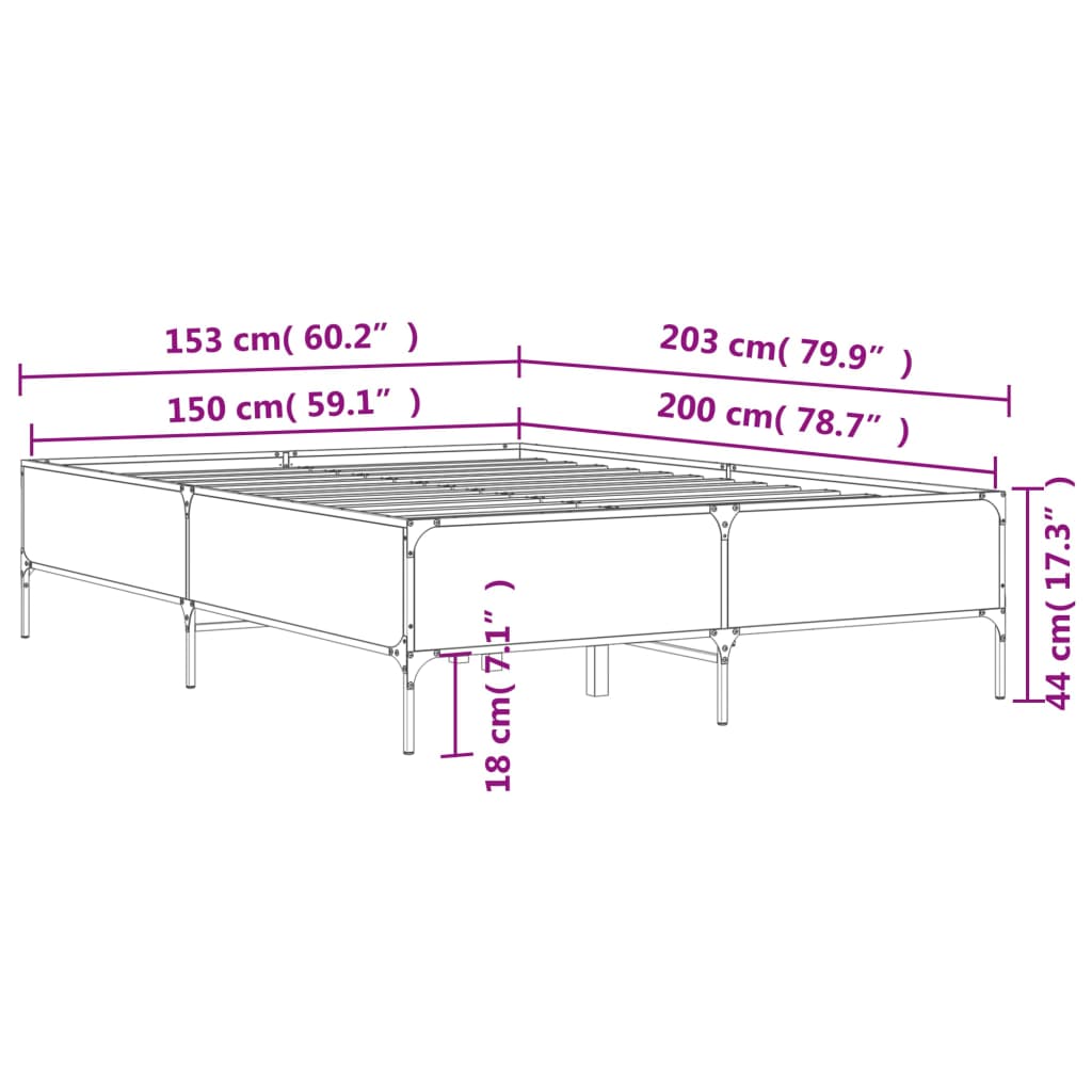 vidaXL Sängynrunko ruskea tammi 150x200 cm tekninen puu ja metalli