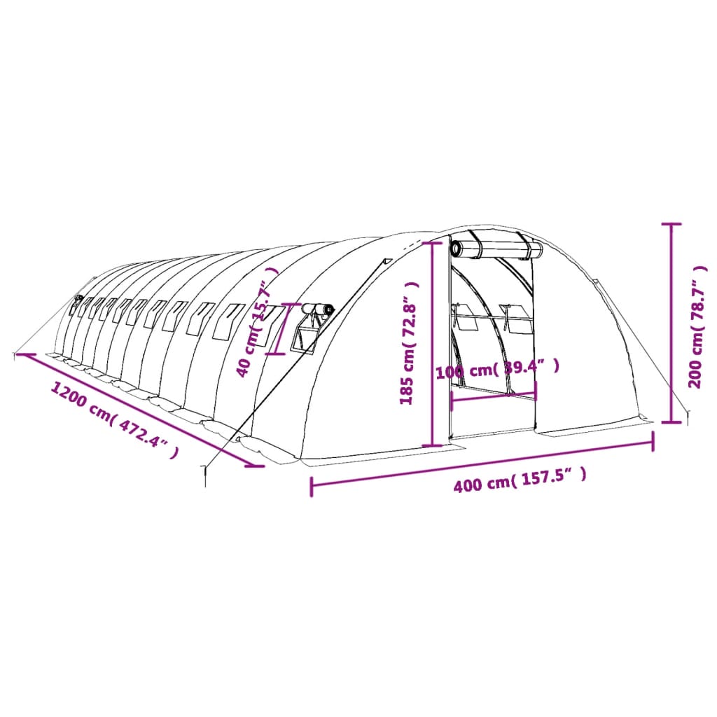 vidaXL Kasvihuone teräsrungolla valkoinen 48 m² 12x4x2 m