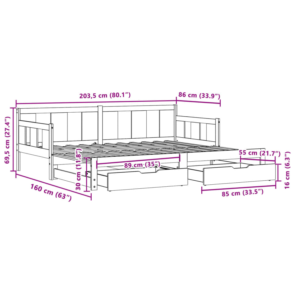 vidaXL Vuodesohva rullilla ja laatikoilla 80x200 cm täysi mänty