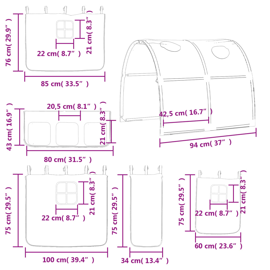 vidaXL Lasten parvisänky tunnelilla mustavalk. 80x200 cm täysi mänty