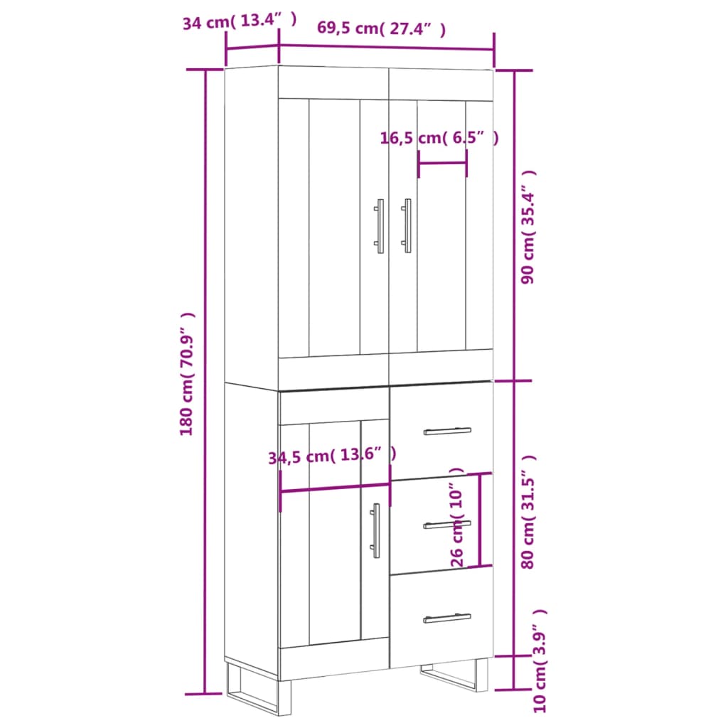 vidaXL Kaappi ruskea tammi 69,5x34x180 cm tekninen puu