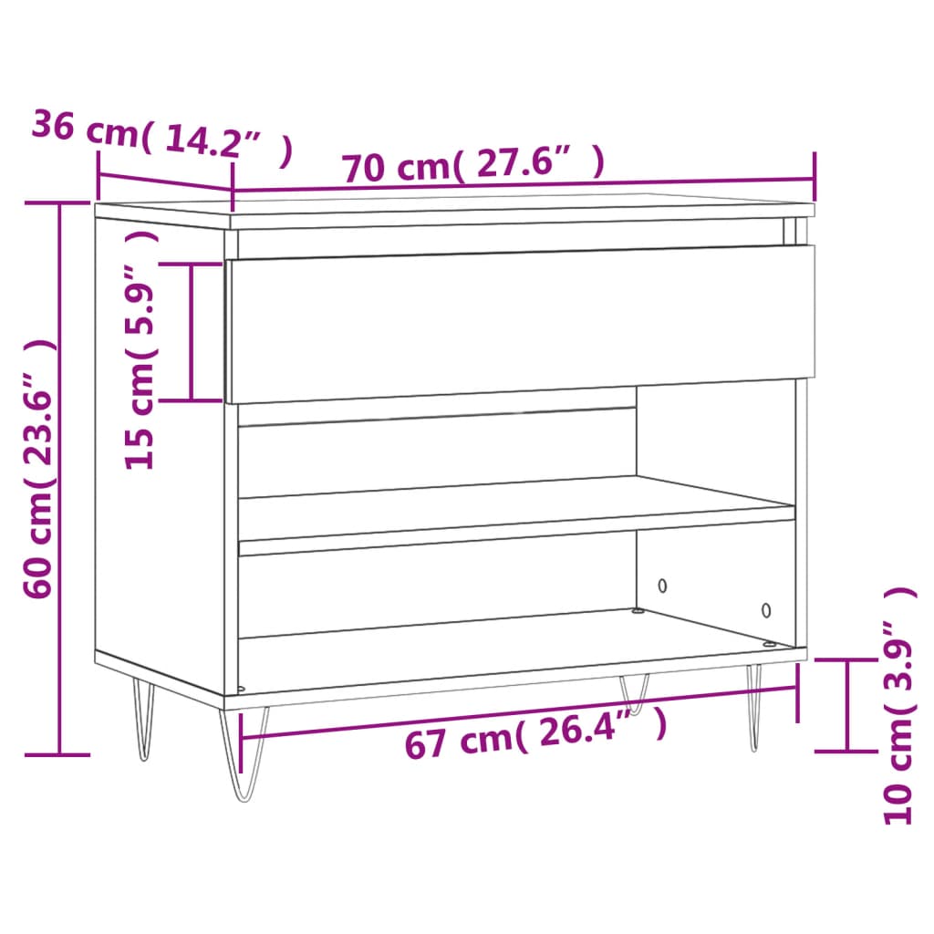 vidaXL Kenkäkaappi savutammi 70x36x60 cm tekninen puu