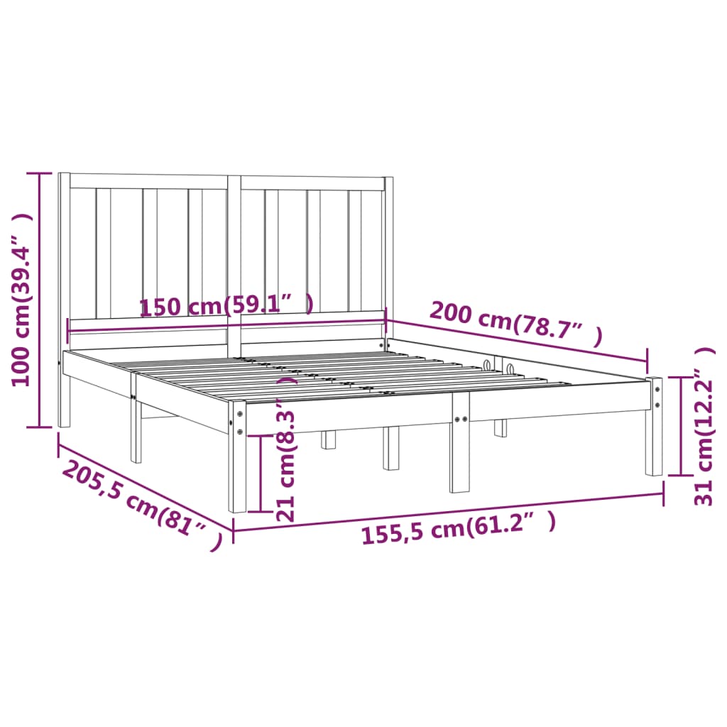 vidaXL Sängynrunko musta täysi mänty 150x200 cm King Size