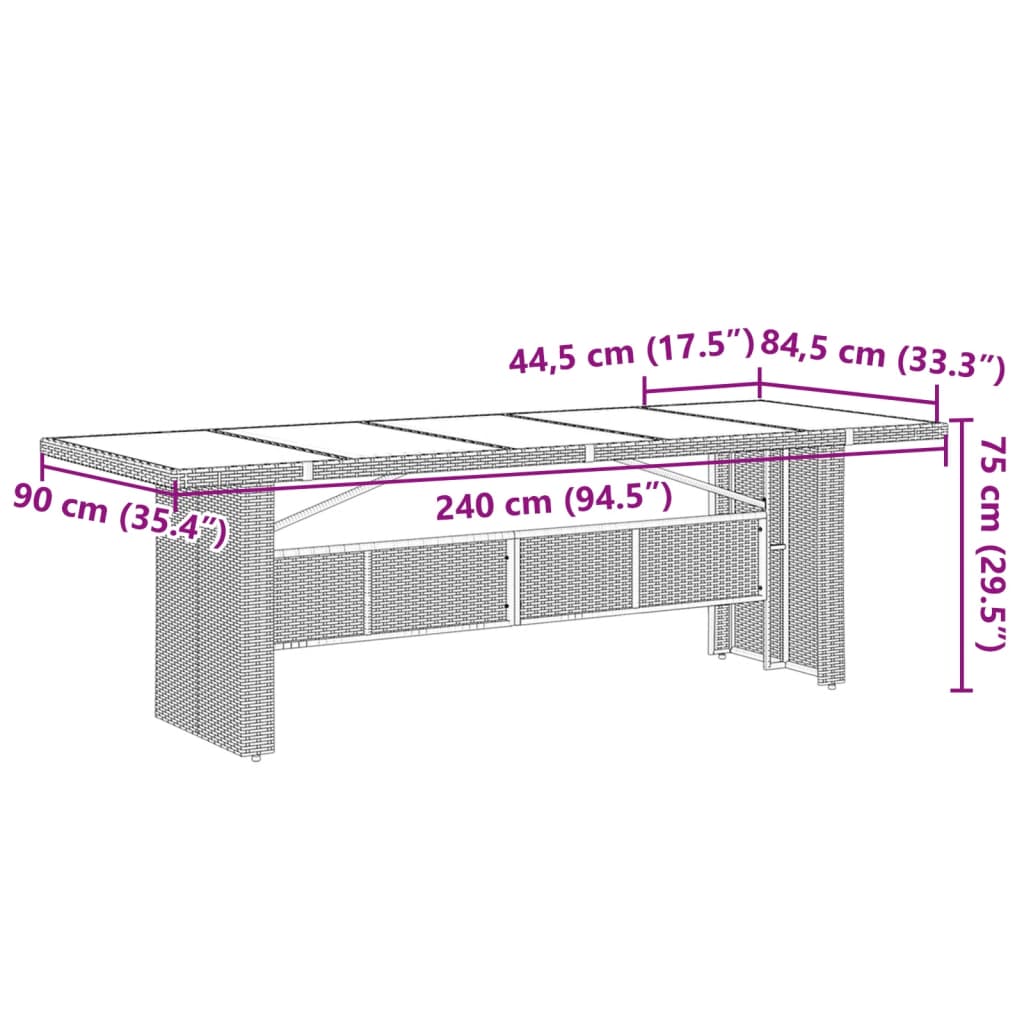 vidaXL Puutarhapöytä lasipöytälevy musta 240x90x75 cm polyrottinki