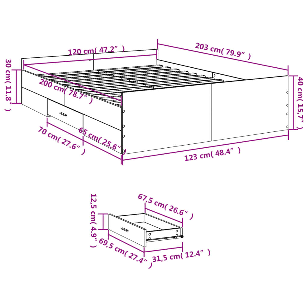 vidaXL Sängynrunko laatikoilla ruskea tammi 120x200 cm tekninen puu