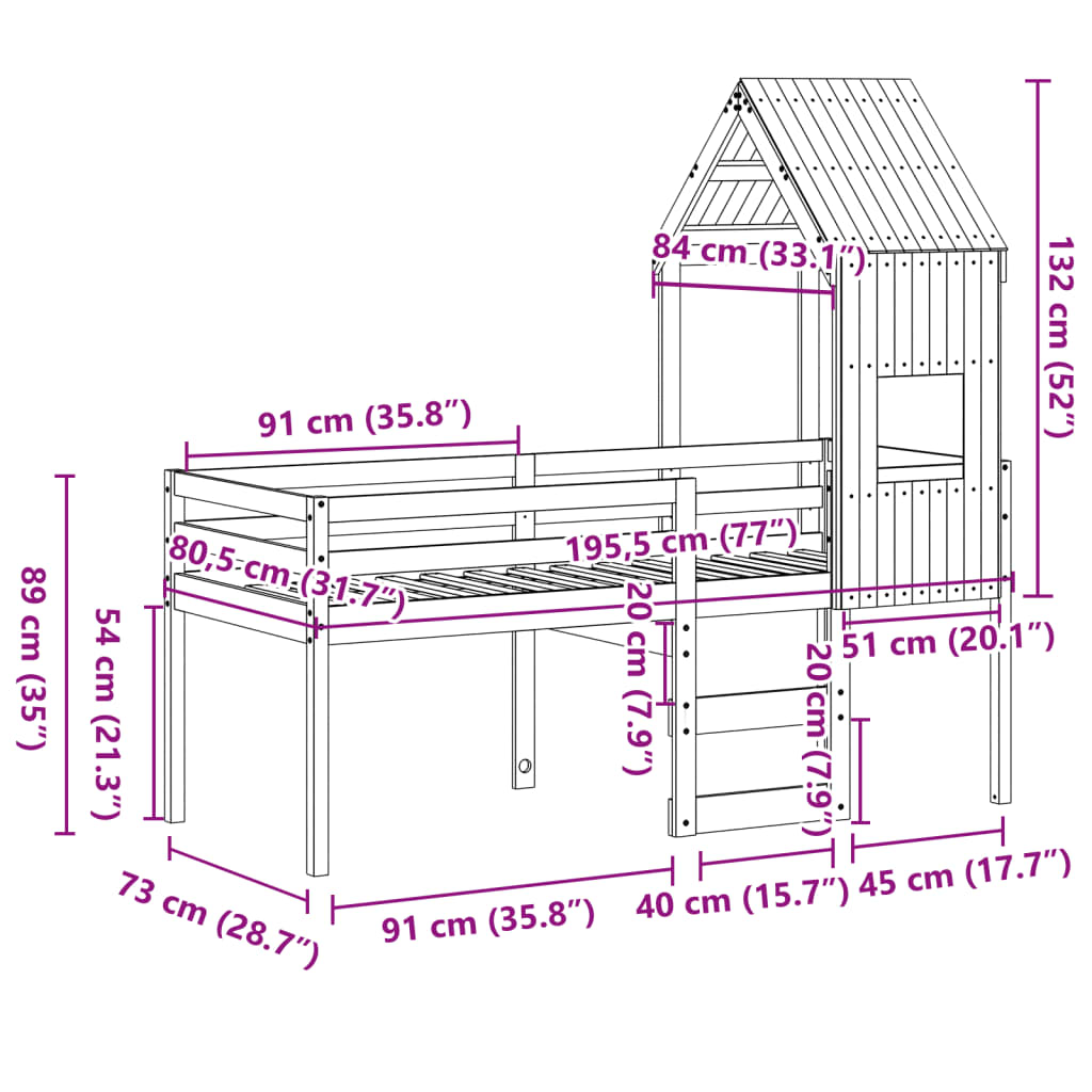 vidaXL Korotettu sänky katolla vahanruskea 75x190 cm täysi mänty