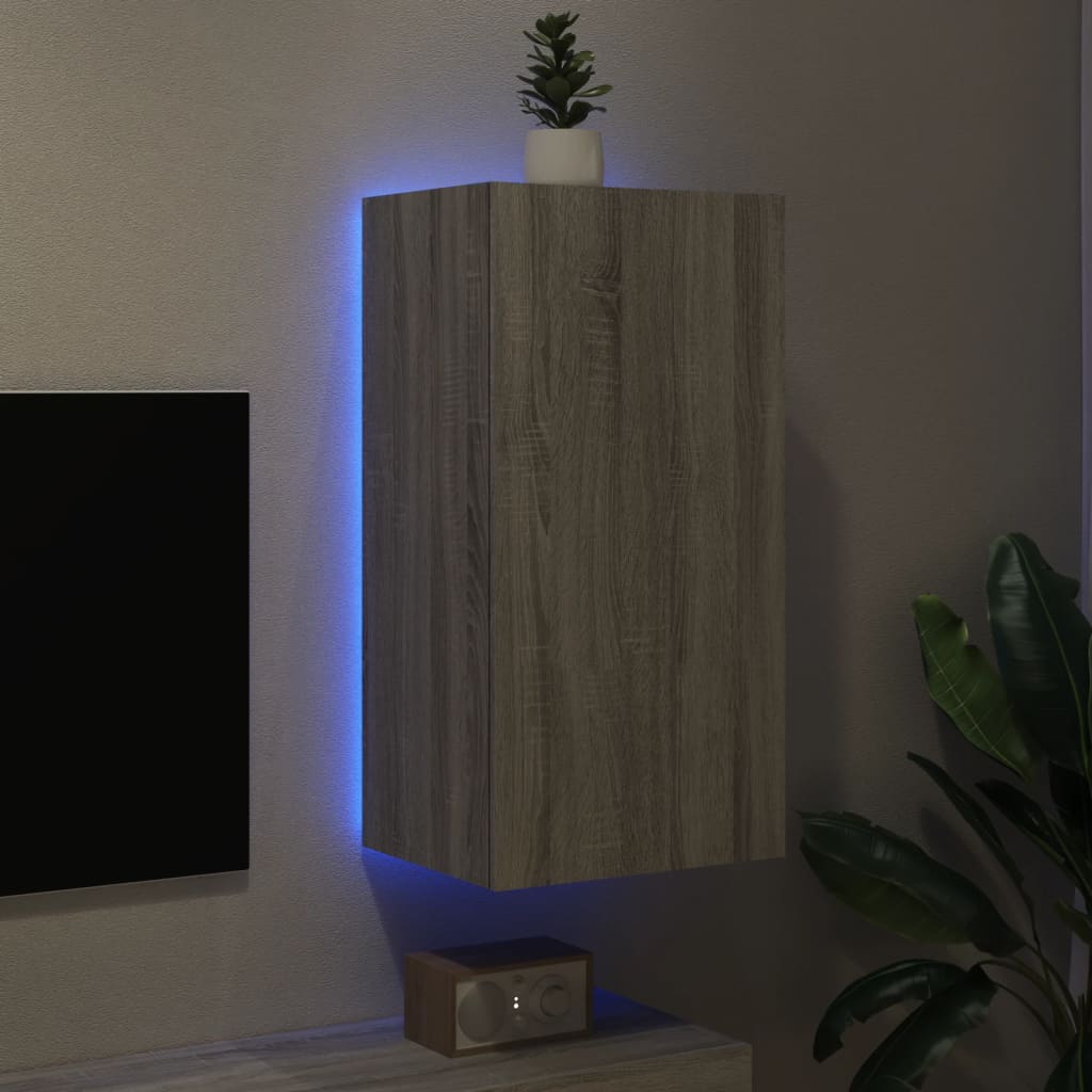 vidaXL TV-seinäkaappi LED-valoilla harmaa Sonoma 40,5x35x80 cm