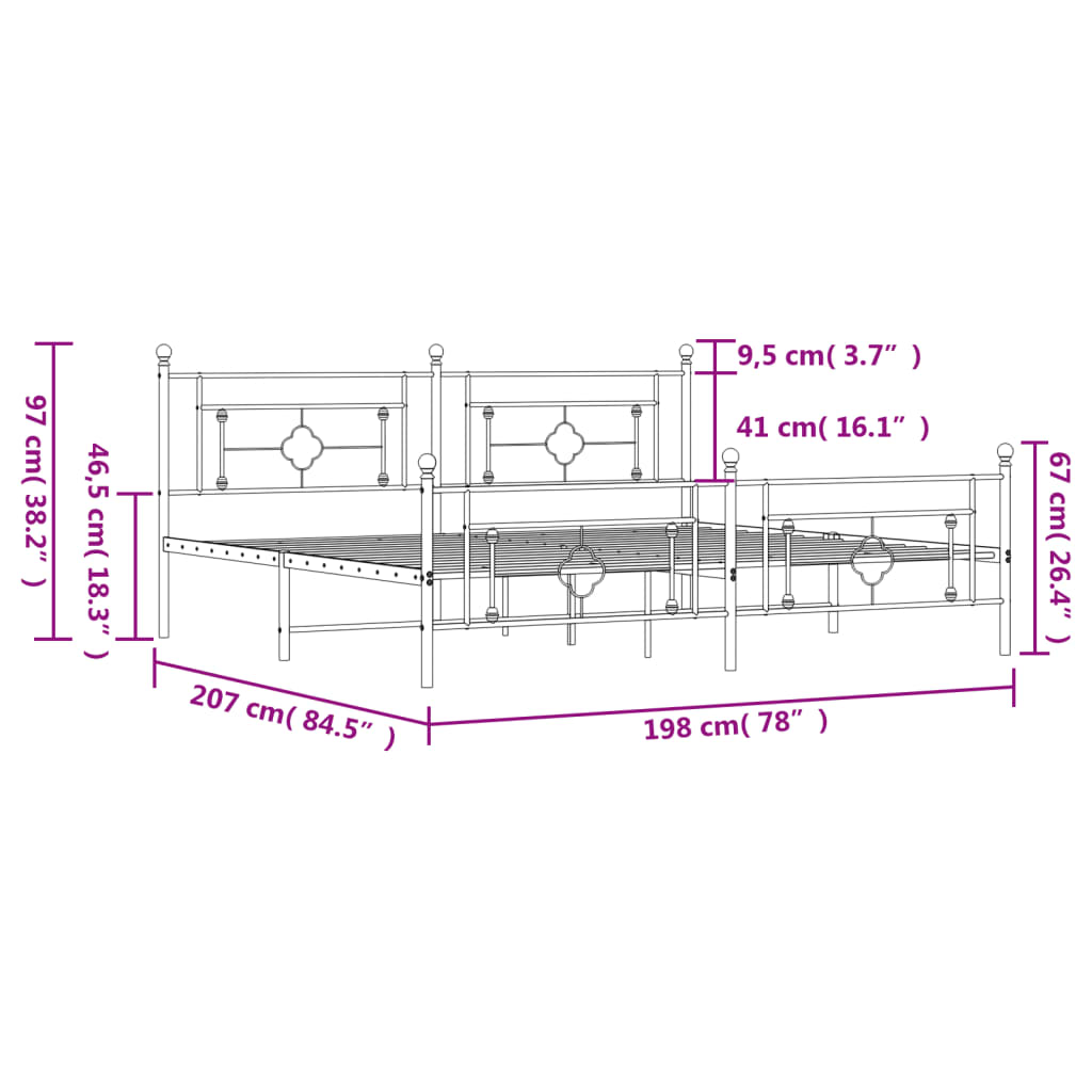 vidaXL Metallinen sängynrunko päädyillä musta 193x203 cm