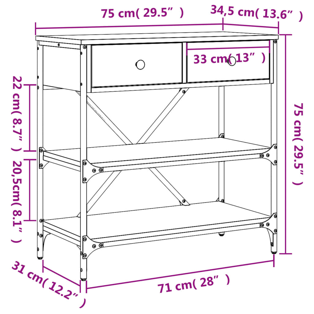 vidaXL Konsolipöytä Sonoma-tammi 75x34,5x75 cm tekninen puu