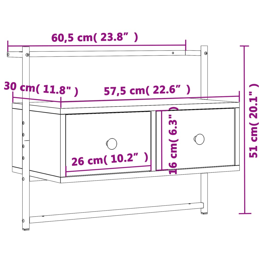 vidaXL TV-kaappi seinälle harmaa Sonoma 60,5x30x51 cm tekninen puu