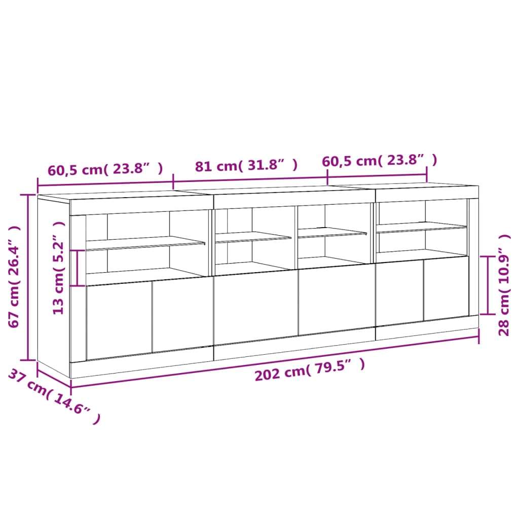 vidaXL Senkki LED-valoilla valkoinen 202x37x67 cm