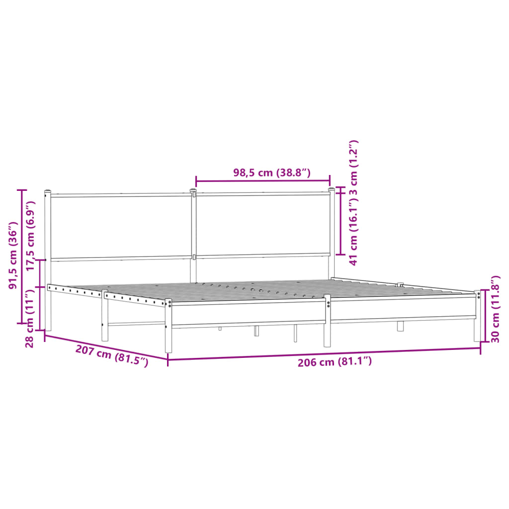 vidaXL Metallinen sängynrunko ilman patjaa ruskea tammi 200x200 cm