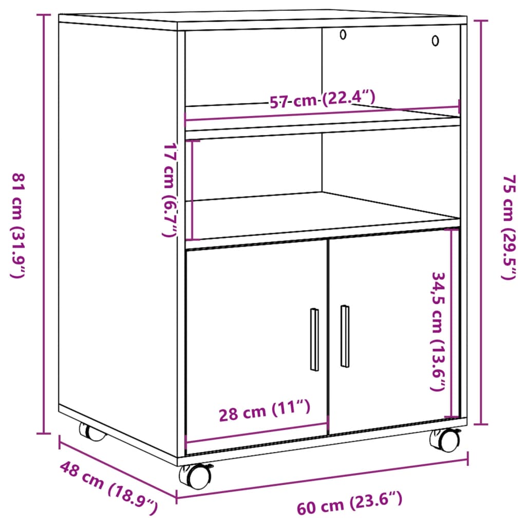 vidaXL Kaappi pyörillä betoninharmaa 60x48x81 cm lastulevy