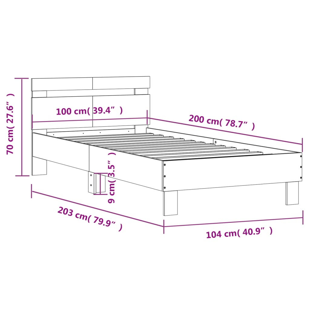 vidaXL Sängynrunko päädyllä ja LED-valoilla Sonoma-tammi 100x200 cm