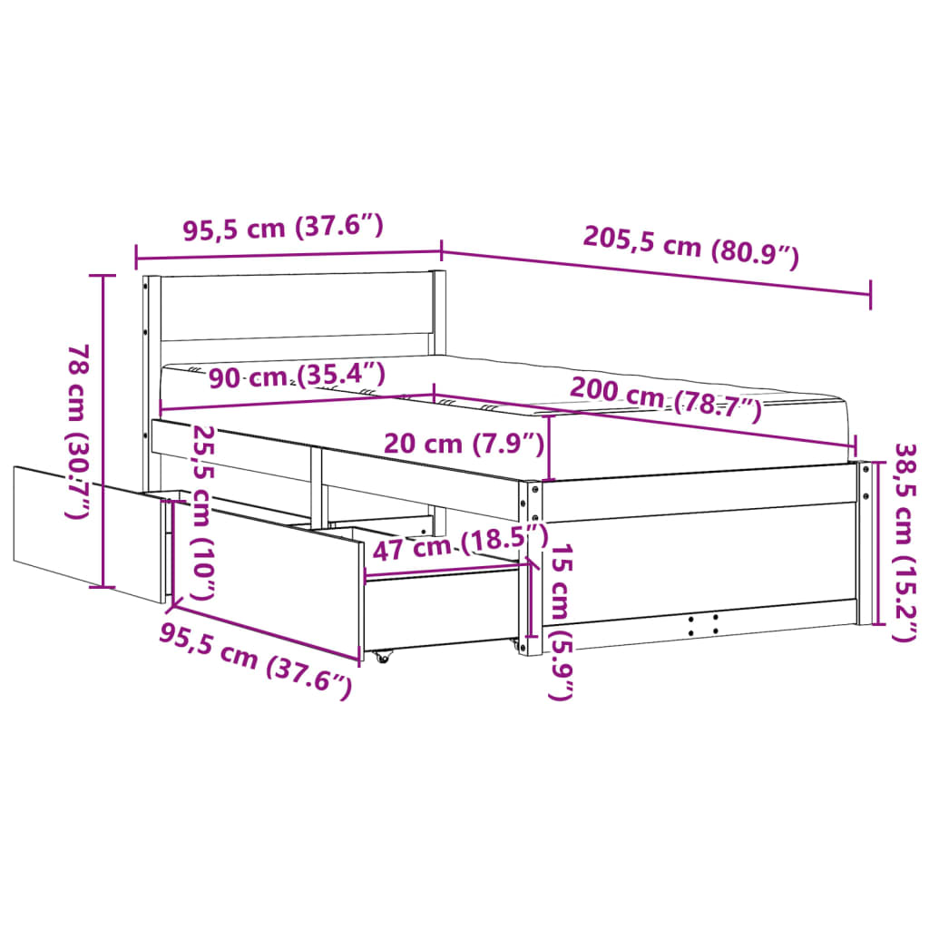 vidaXL Sänky laatikoilla ja patjalla 90x200 cm täysi mänty