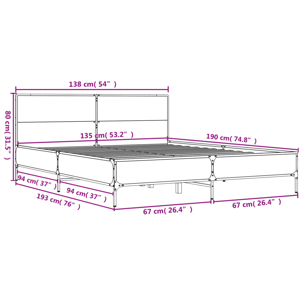 vidaXL Sängynrunko savutammi 135x190 cm tekninen puu ja metalli