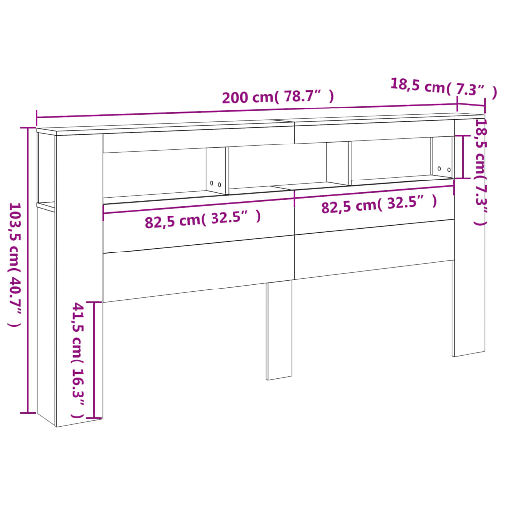 vidaXL Sängynpääty LED-valoilla Sonoma-tammi 200x18,5x103,5 cm puu