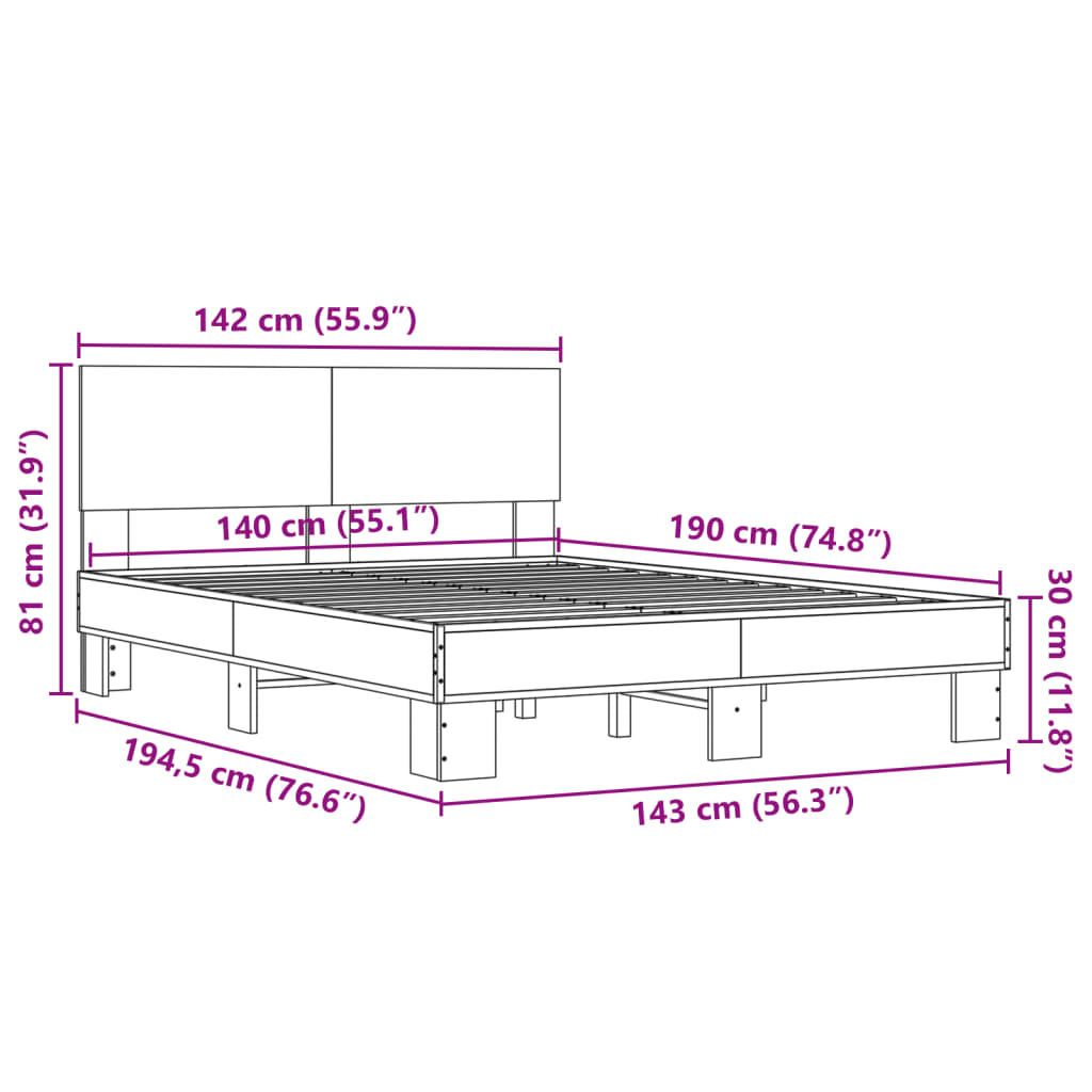 vidaXL Sängynrunko Sonoma-tammi 140x190 cm tekninen puu ja metalli