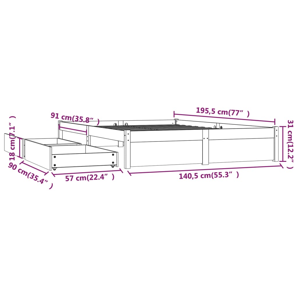 vidaXL Sängynrunko laatikoilla musta 135x190 cm Double