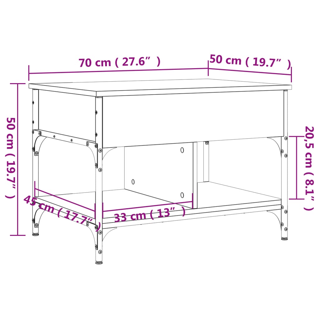 vidaXL Sohvapöytä harmaa Sonoma 70x50x50 cm tekninen puu ja metalli