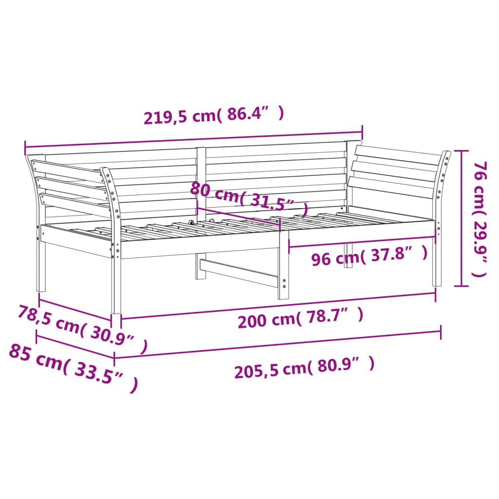 vidaXL Vuodesohva ilman patjaa vahanruskea 80x200 cm täysi mänty