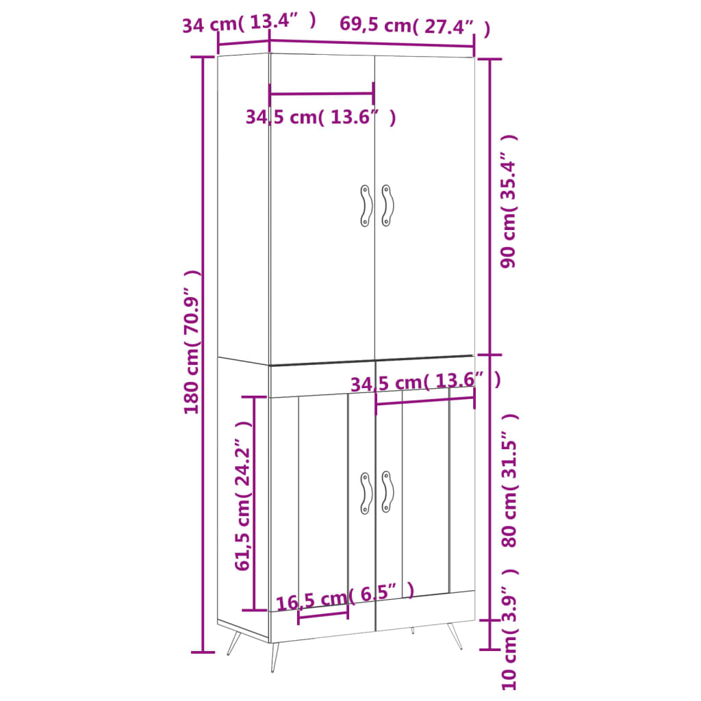 vidaXL Kaappi musta 69,5x34x180 cm tekninen puu