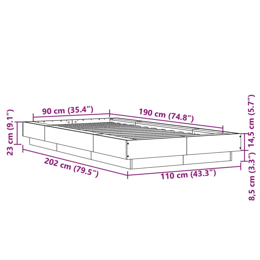 vidaXL Sängynrunko LED-valoilla ruskea tammi 90x190 cm tekninen puu