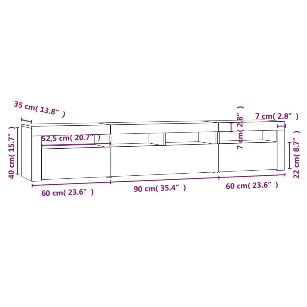 vidaXL TV-taso LED-valoilla harmaa Sonoma 210x35x40 cm