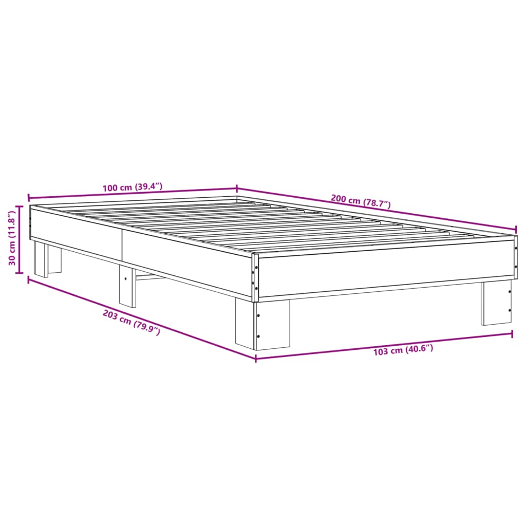 vidaXL Sängynrunko savutammi 100x200 cm tekninen puu ja metalli