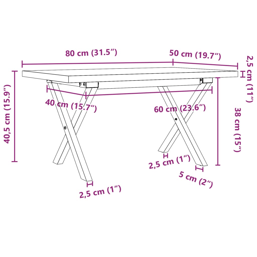 vidaXL Sohvapöytä X-runko 80x50x40,5 cm täysi mänty ja valurauta