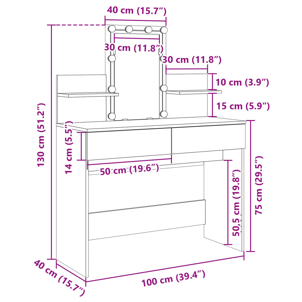 VidaXL Peilipöytä LED-valoilla savutammi 100x40x130 cm