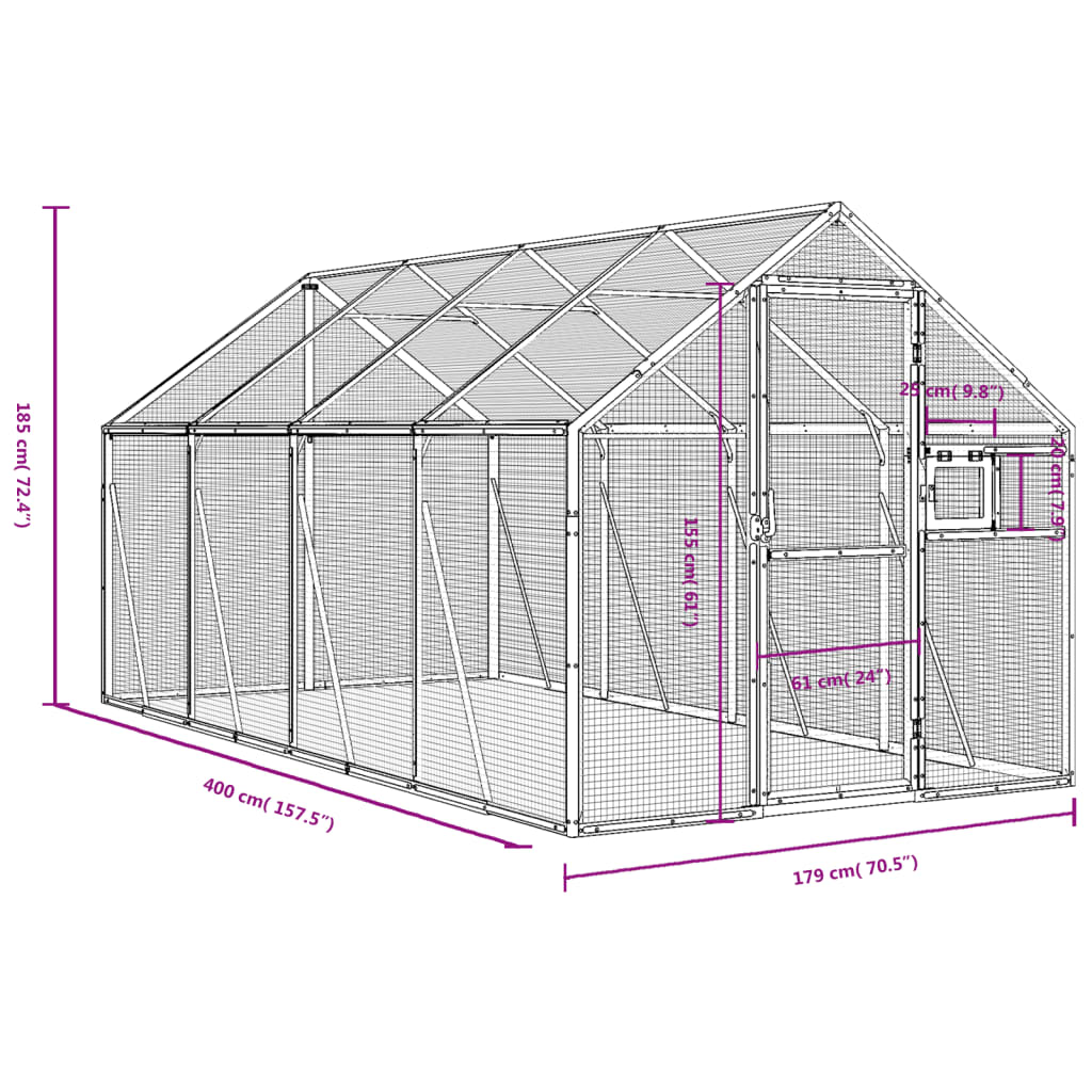 vidaXL Aviaario hopea 1,79x4x1,85 m alumiini