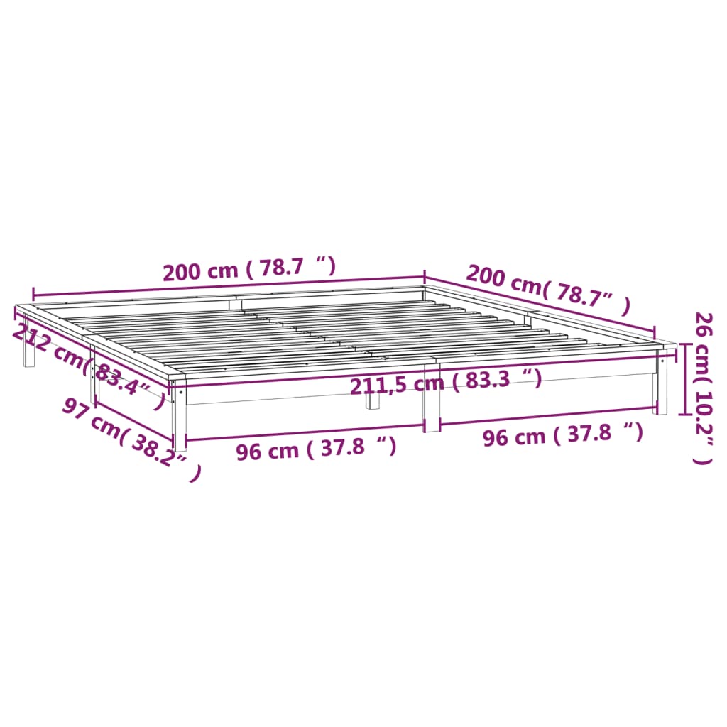 vidaXL Sängynrunko LED-valoilla 200x200 cm täysi puu