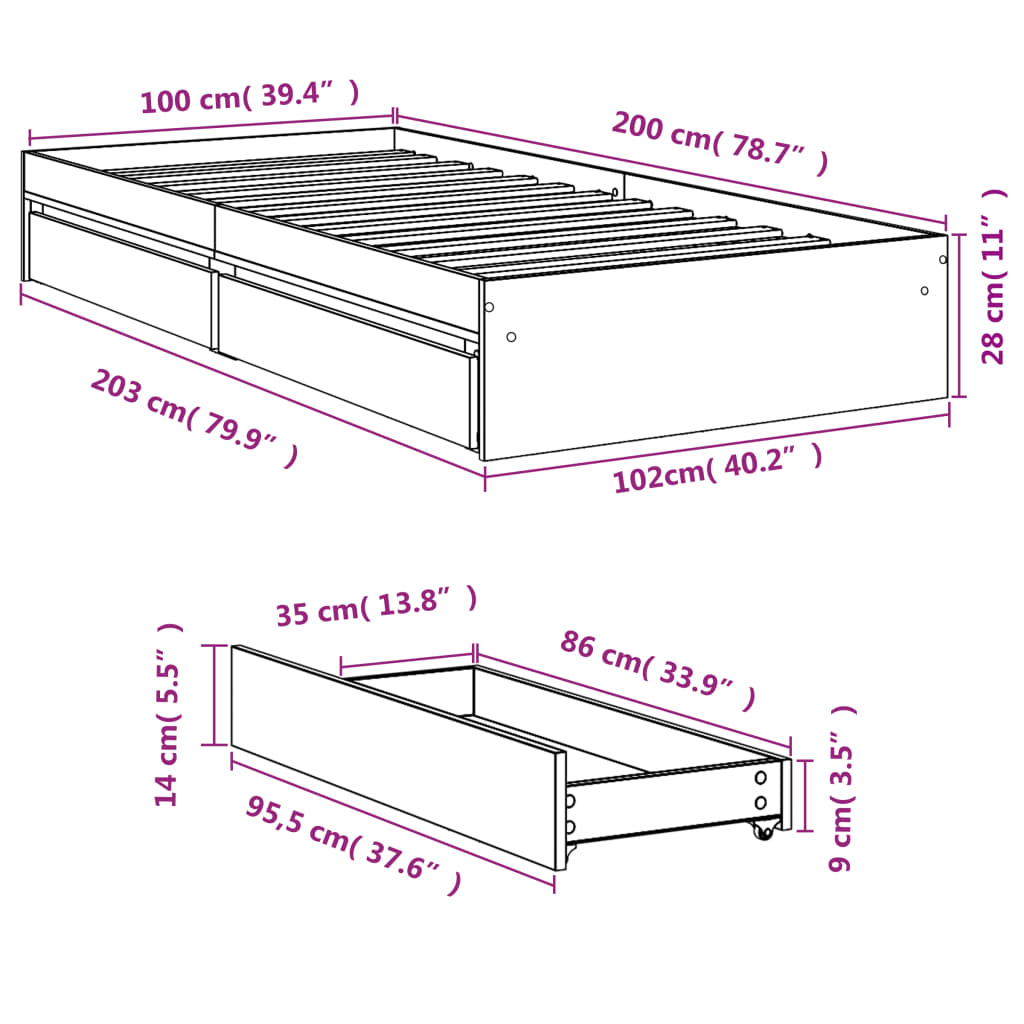 vidaXL Sängynrunko laatikoilla savutammi 100x200 cm tekninen puu