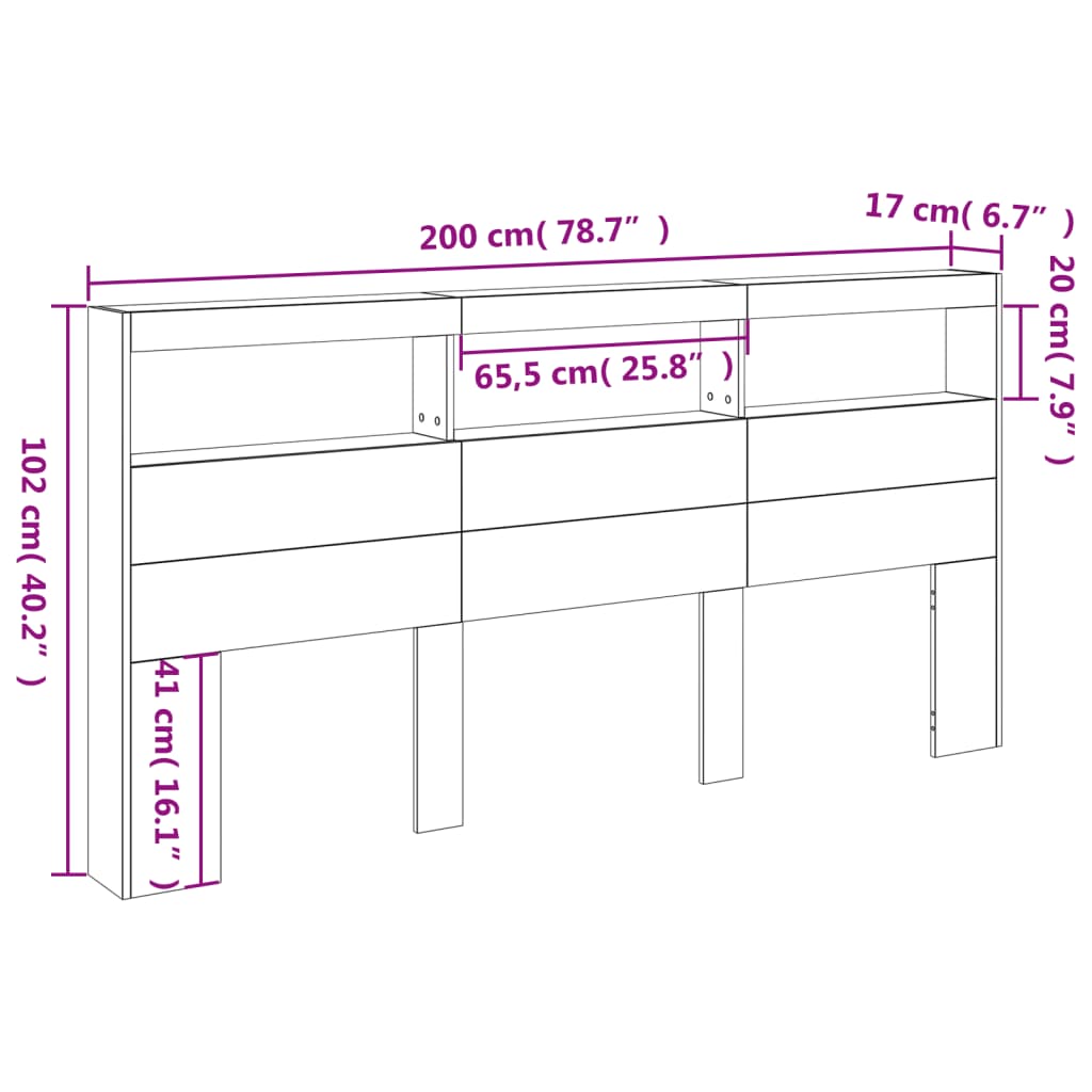 vidaXL Sängynpäätykaappi LED-valoilla ruskea tammi 200x17x102 cm