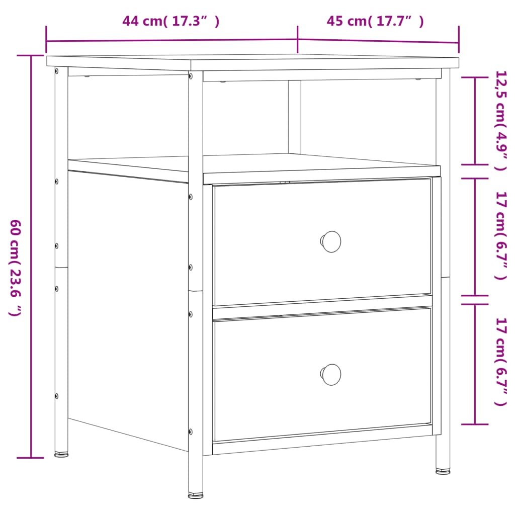 vidaXL Yöpöydät 2 kpl harmaa Sonoma 44x45x60 cm tekninen puu