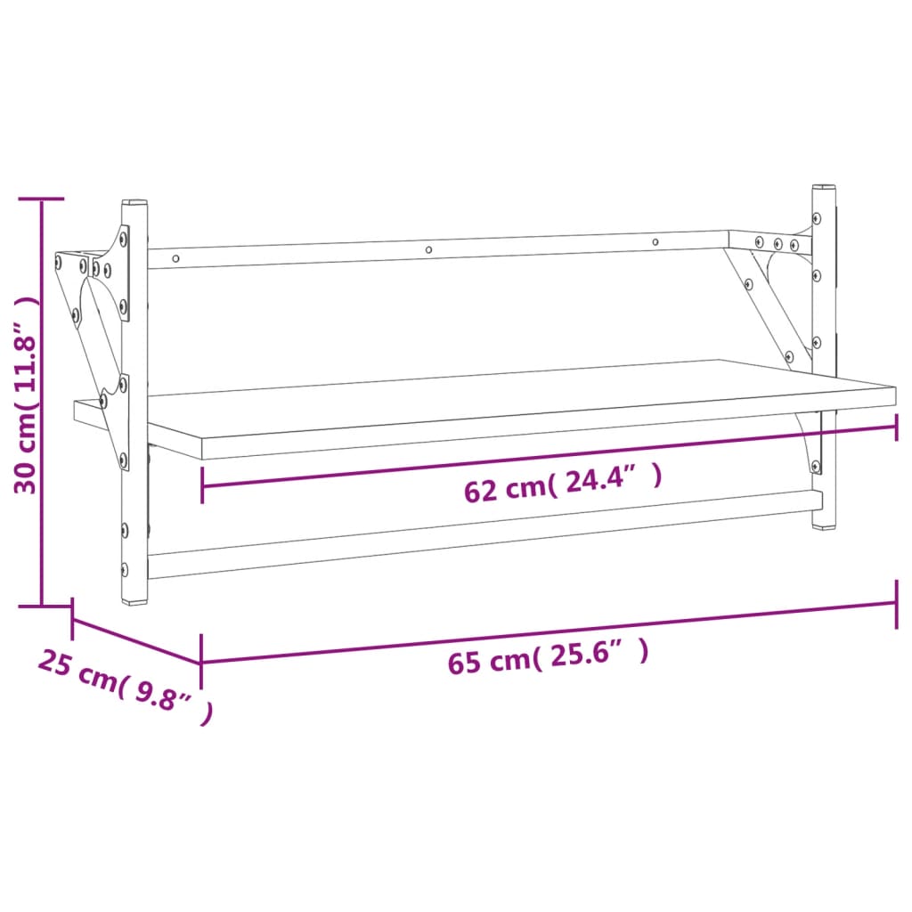 vidaXL Seinähyllyt tangoilla 2 kpl savutammi 65x25x30 cm