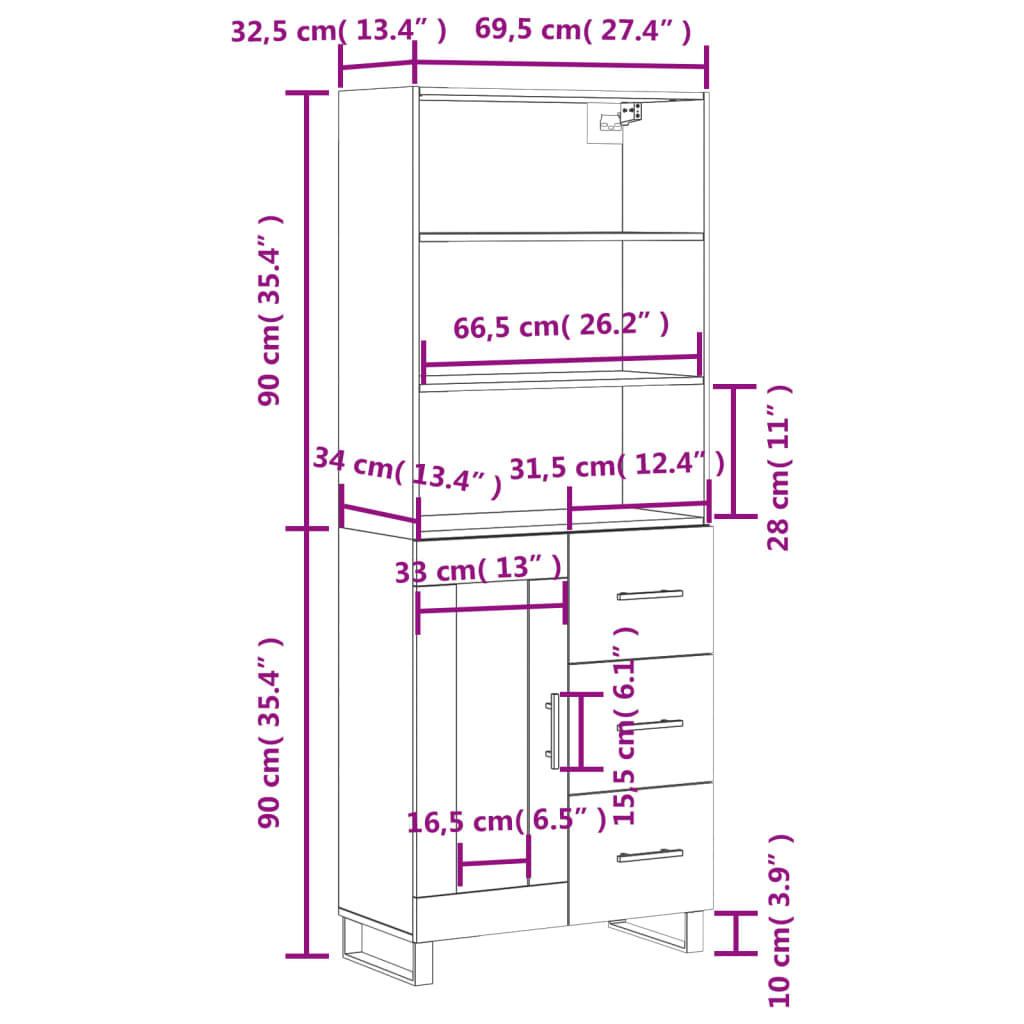 vidaXL Kaappi harmaa Sonoma 69,5x34x180 cm tekninen puu