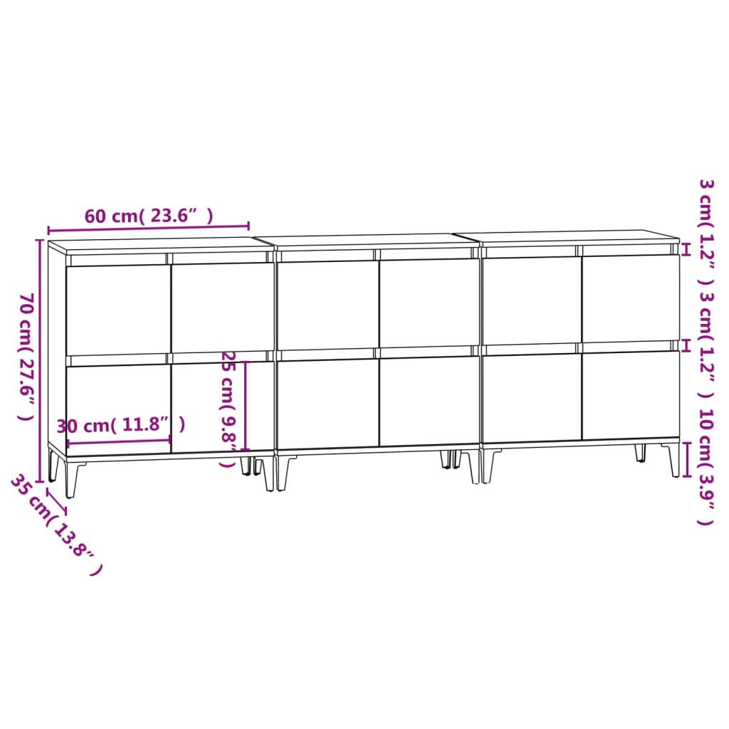 vidaXL Senkit 3 kpl harmaa Sonoma 60x35x70 cm tekninen puu