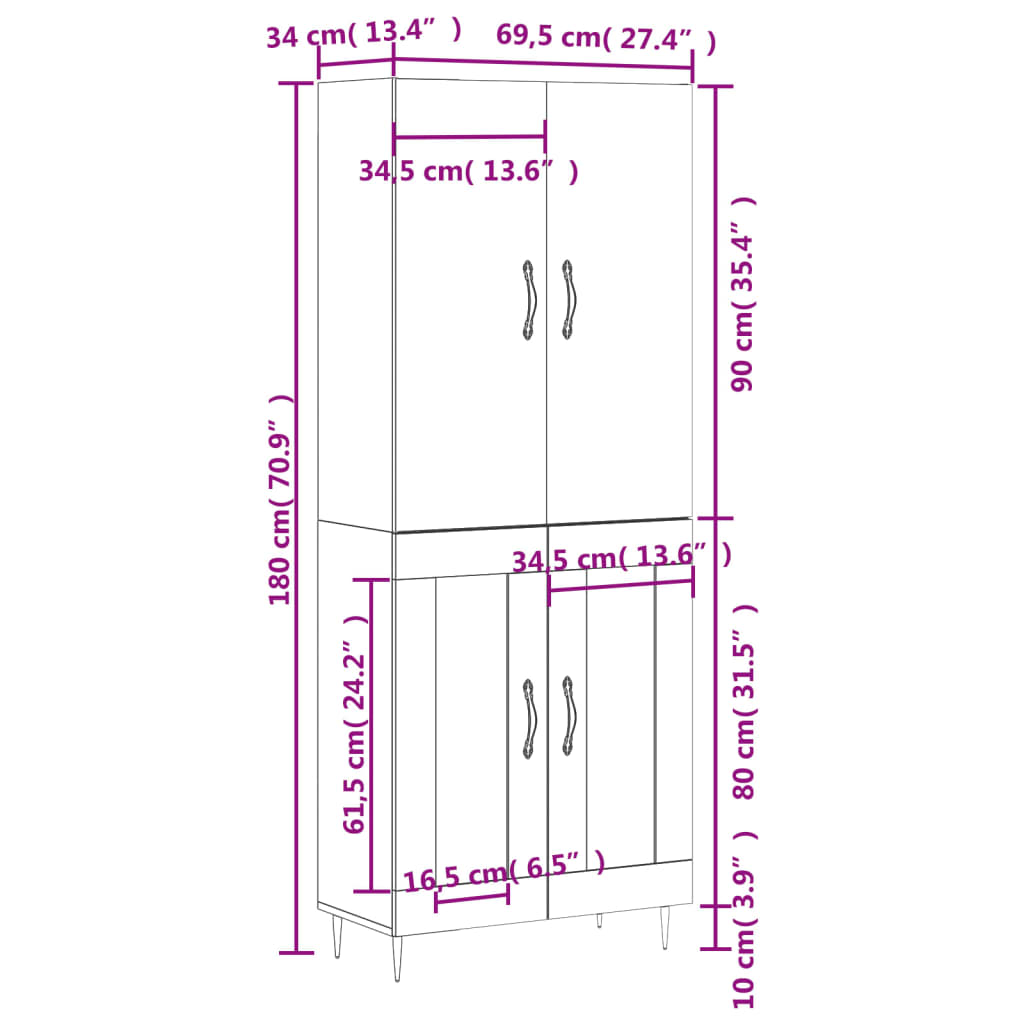 vidaXL Kaappi ruskea tammi 69,5x34x180 cm tekninen puu