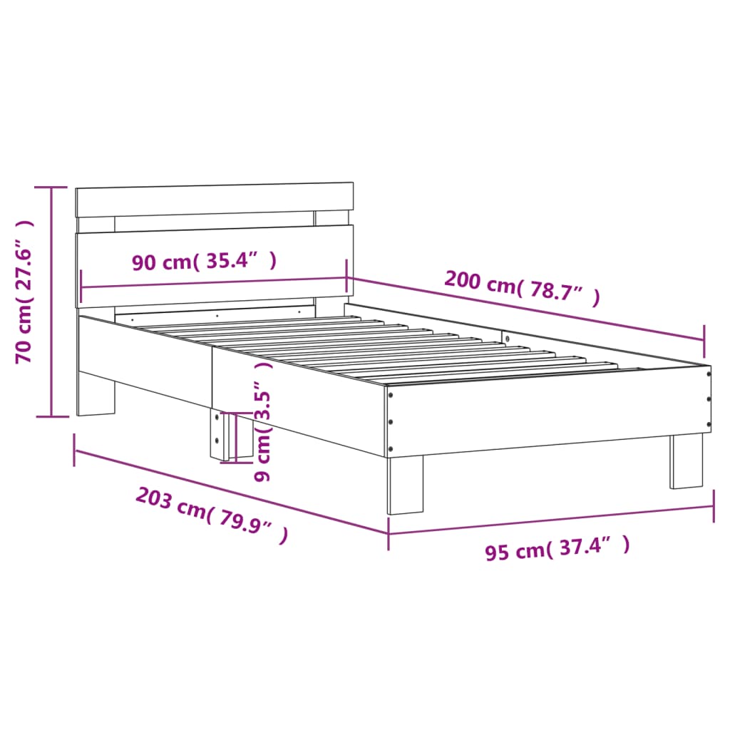 vidaXL Sängynrunko päädyllä ja LED-valoilla musta 90x200 cm