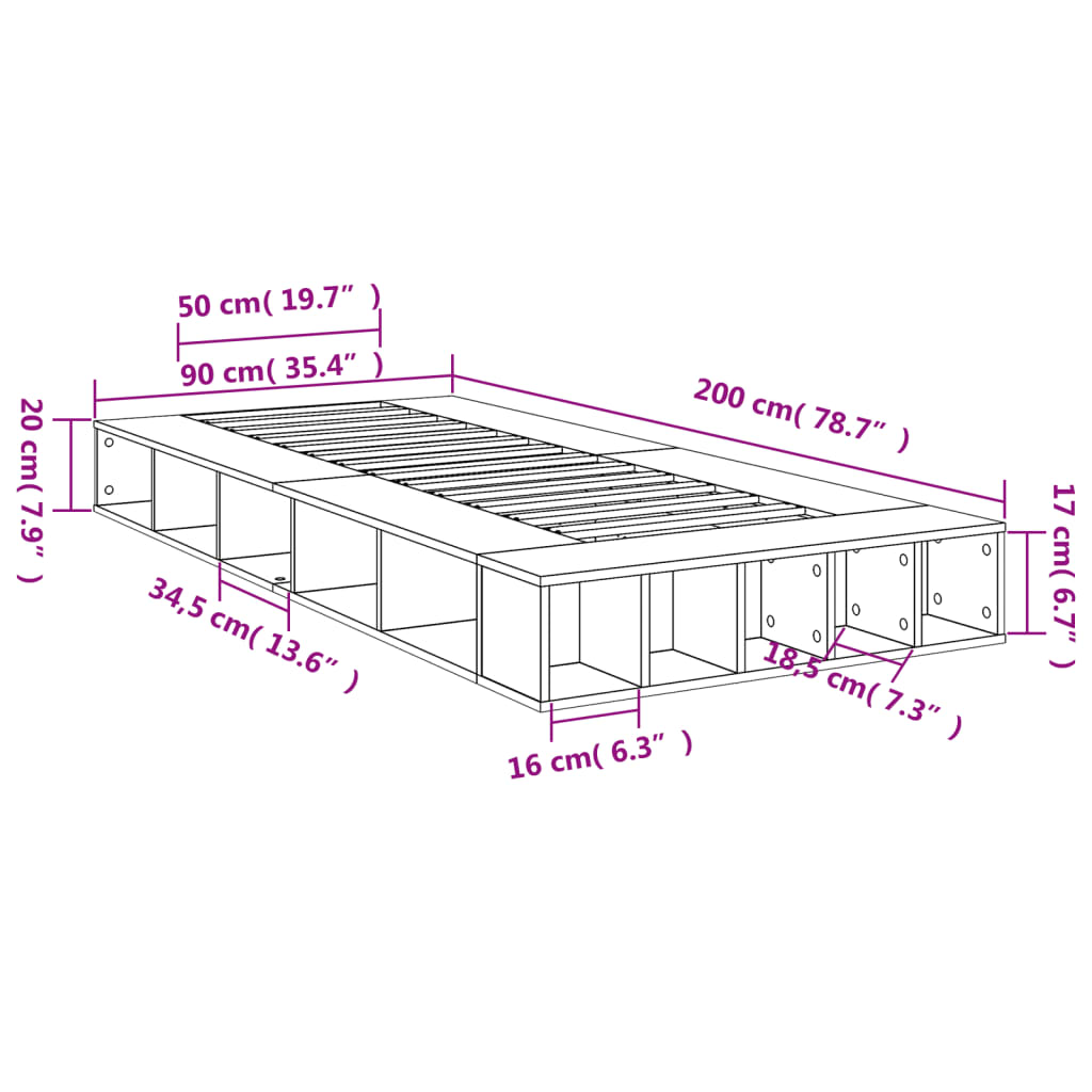 vidaXL Sängynrunko savutammi 90x200 cm tekninen puu