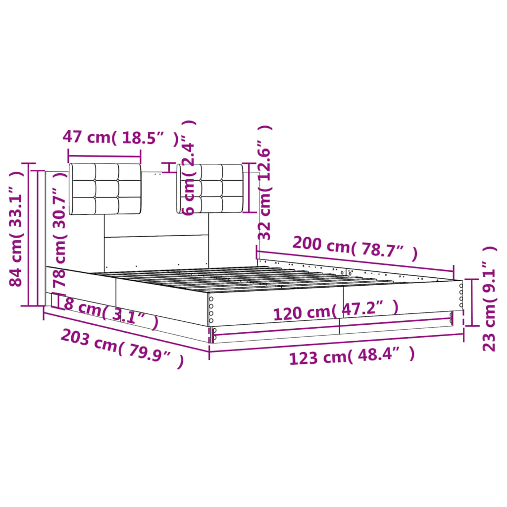 vidaXL Sängynrunko päädyllä ja LED-valoilla Sonoma-tammi 120x200 cm