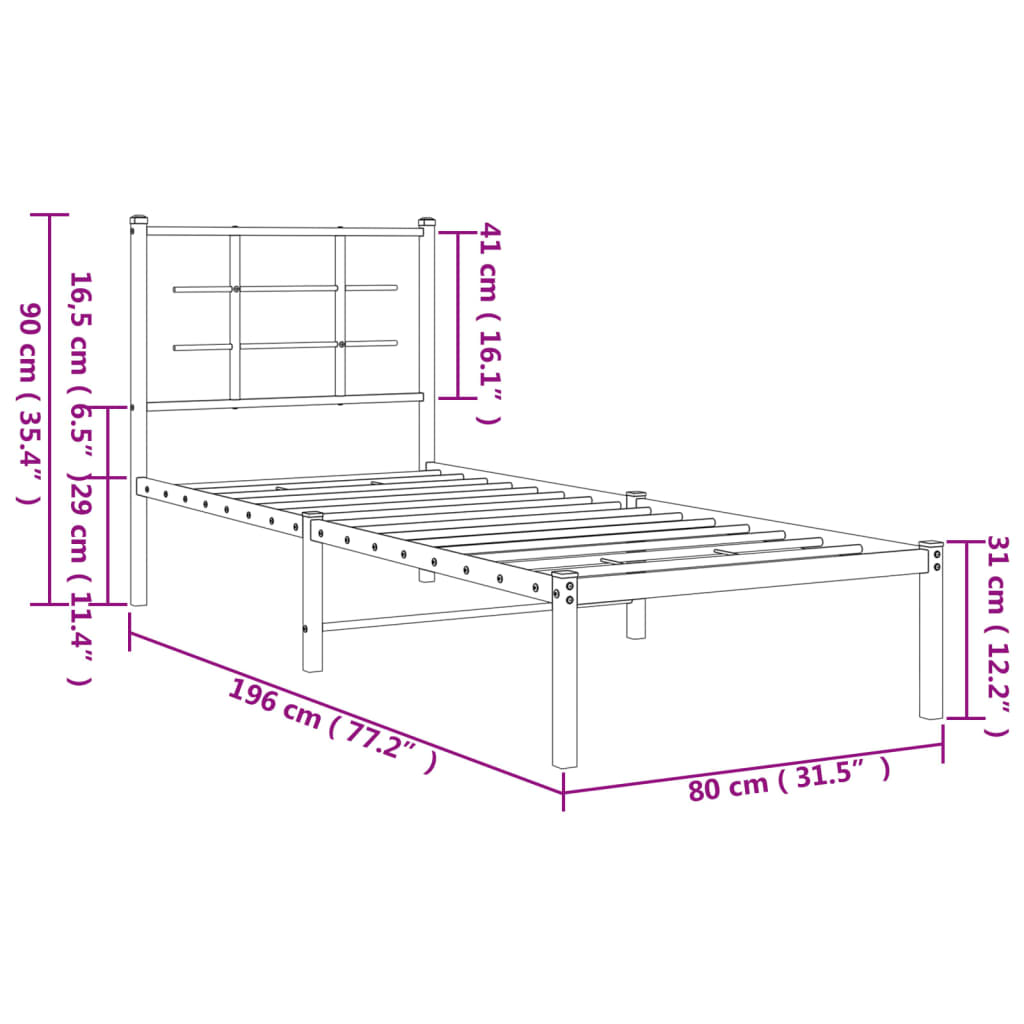 vidaXL Metallisängynrunko ilman patjaa päätylevy valkoinen 75x190 cm