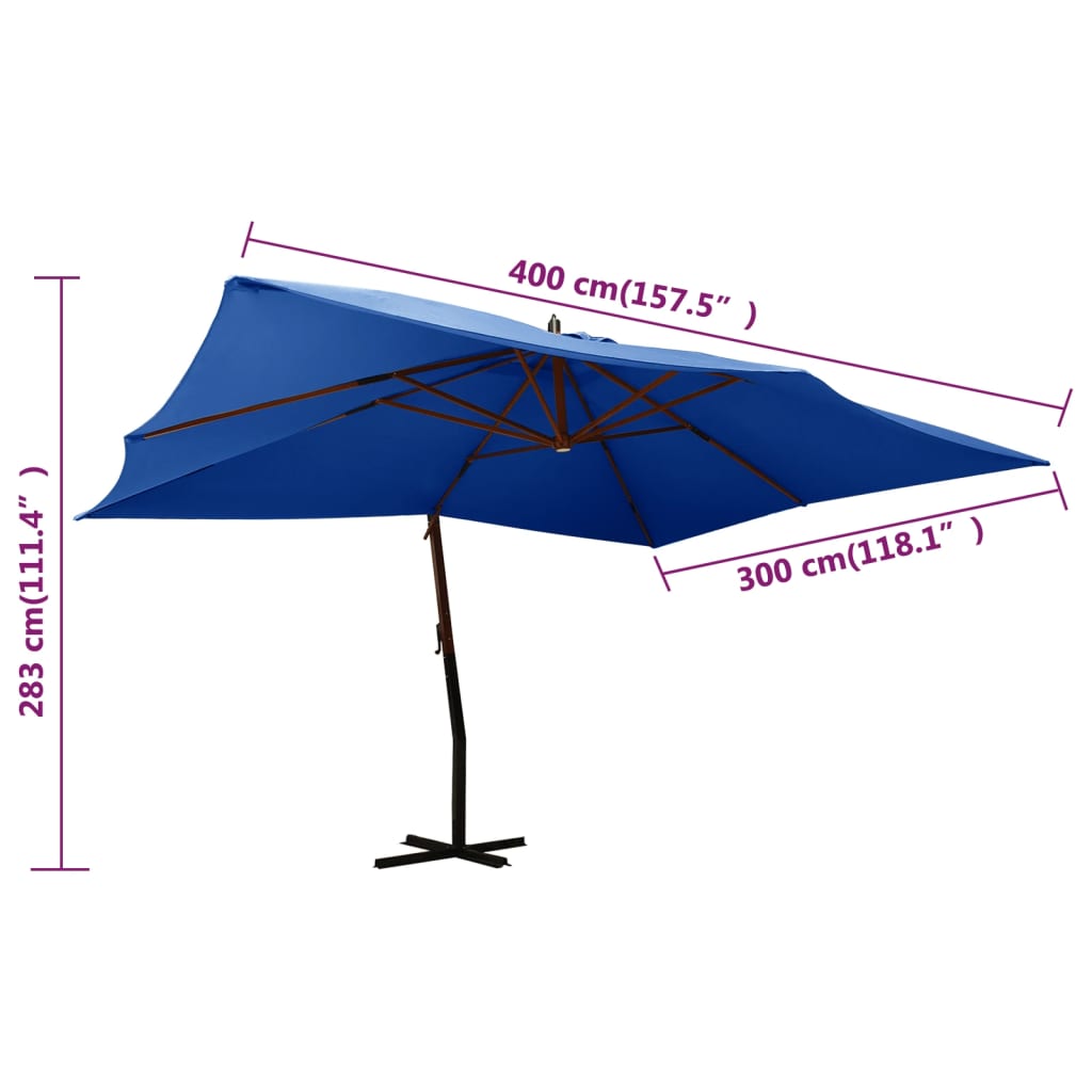 vidaXL Puutarha-aurinkovarjo cantilever puutolppa 400x300 cm sininen