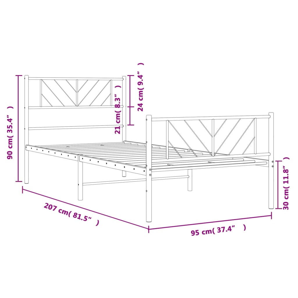 vidaXL Metallinen sängynrunko päädyillä valkoinen 90x200 cm