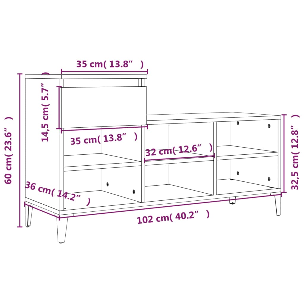 vidaXL Kenkäkaappi betoninharmaa 102x36x60 cm tekninen puu