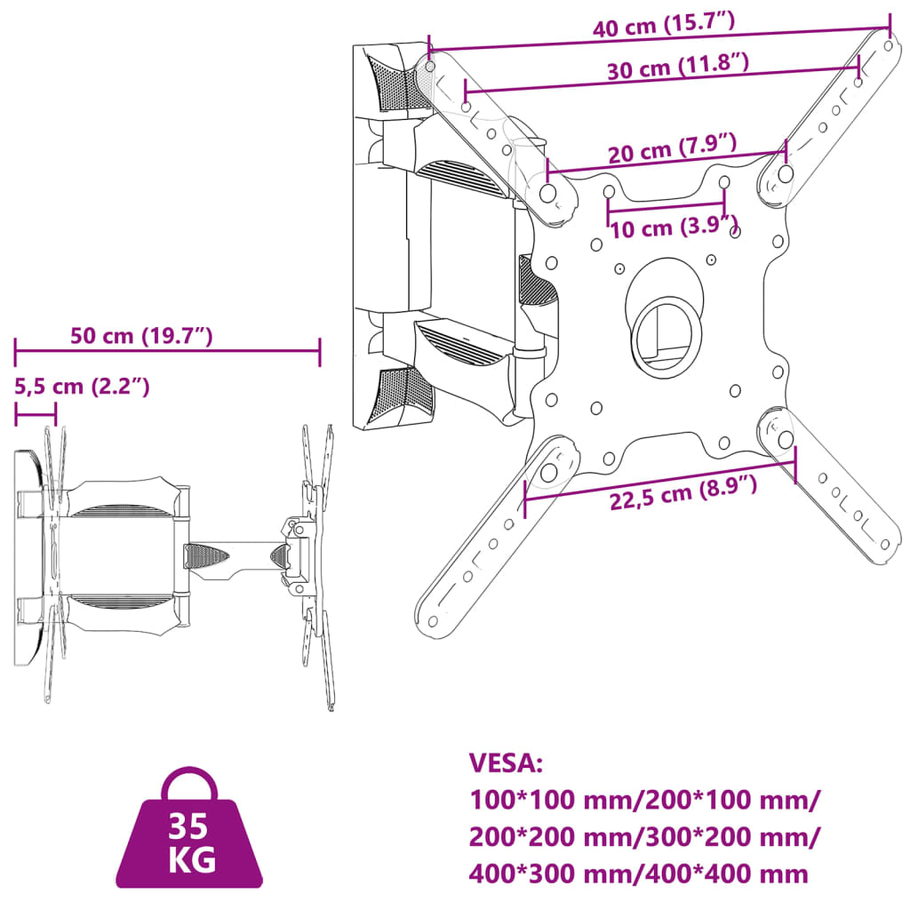 vidaXL TV-seinäkiinnike 32"-55" ruuduille Max VESA 400x400 mm 35 kg