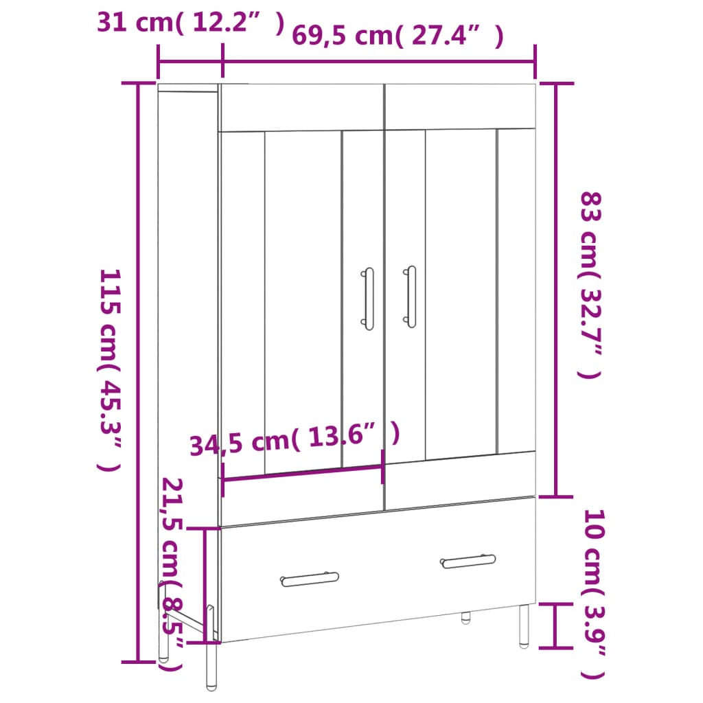 vidaXL Kaappi korkeakiilto valkoinen 69,5x31x115 cm tekninen puu