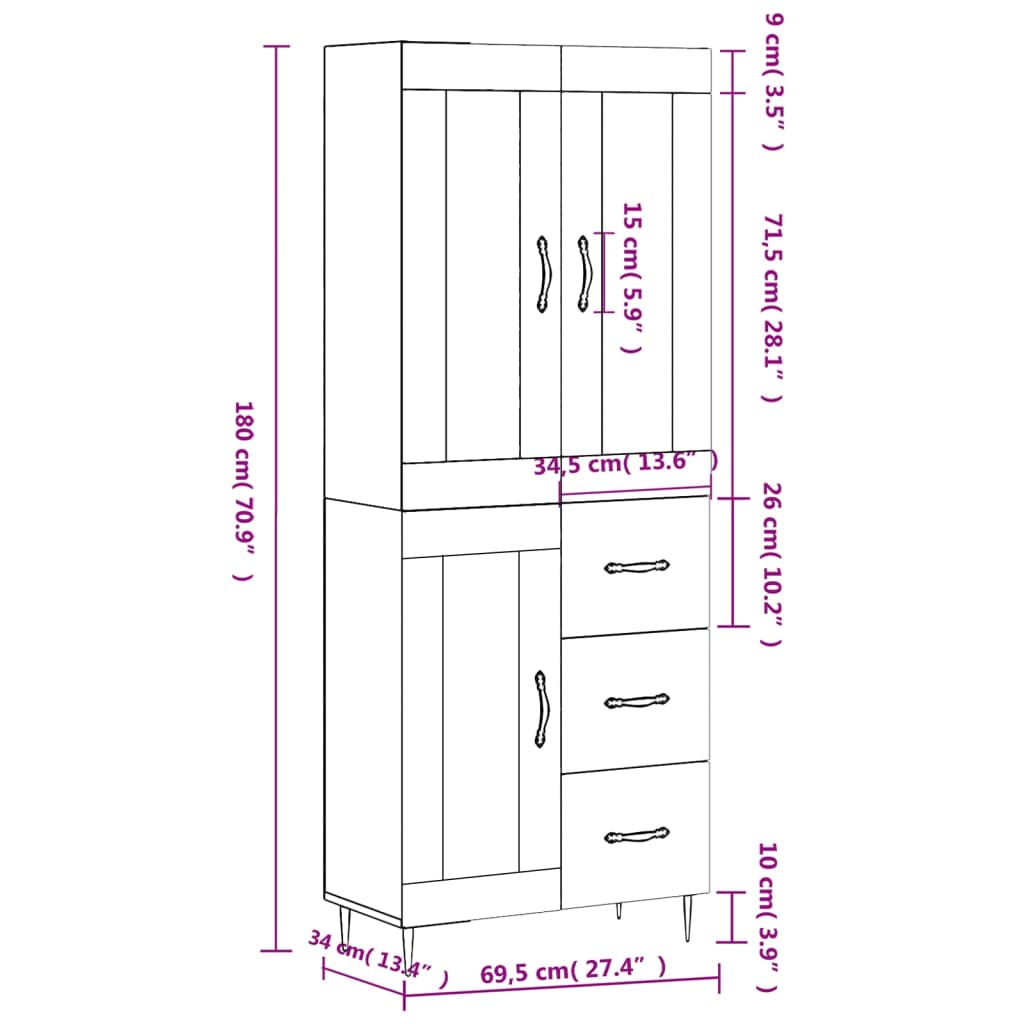 vidaXL Kaappi betoninharmaa 69,5x34x180 cm tekninen puu